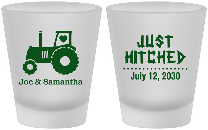 Custom Wedding Frosted Shot Glasses - Just Hitched Tractor | 429