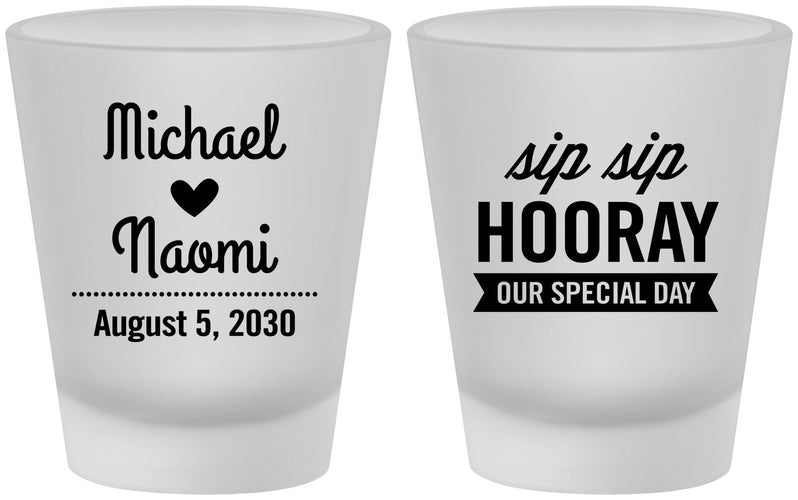 Custom Wedding Frosted Shot Glasses - Sip Sip Hooray | 437