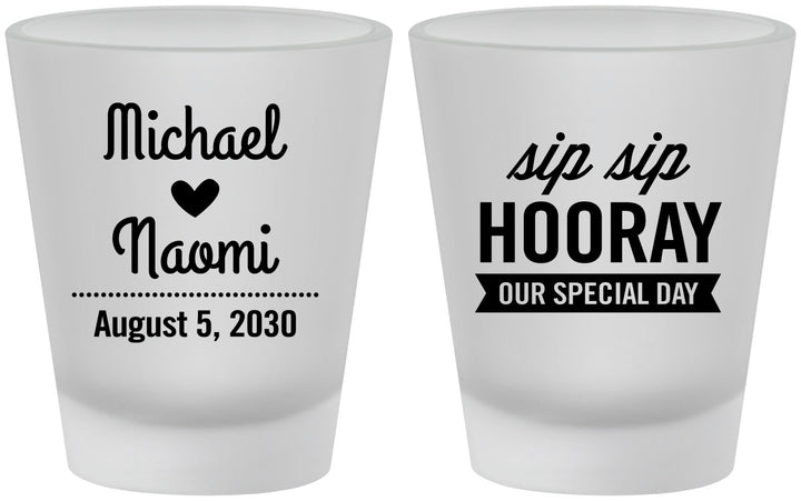 Custom Wedding Frosted Shot Glasses - Sip Sip Hooray | 437