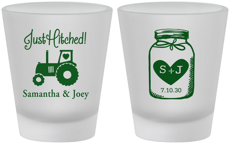 Custom Wedding Frosted Shot Glasses - Just Hitched Mason Jar | 483