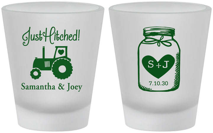 Custom Wedding Frosted Shot Glasses - Just Hitched Mason Jar | 483