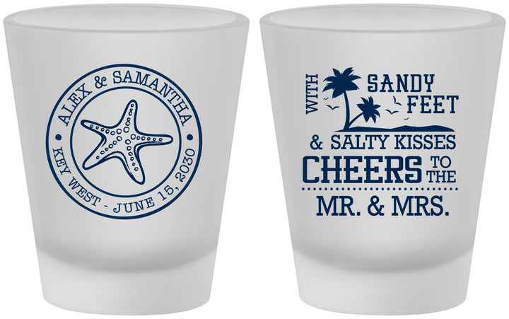 Custom Wedding Frosted Shot Glasses - Sandy Feet Salty Kisses | 488
