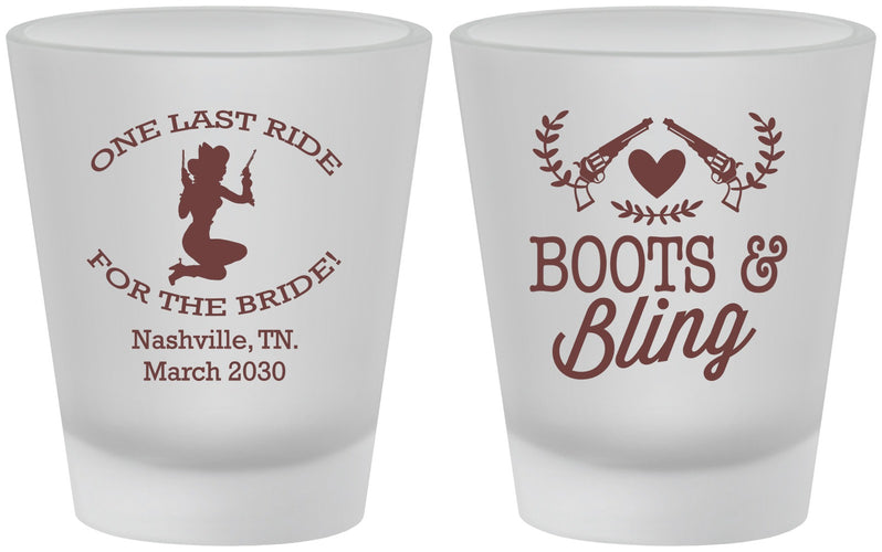 Custom Bachelorette Frosted Shot Glasses - One Last Ride | 60024