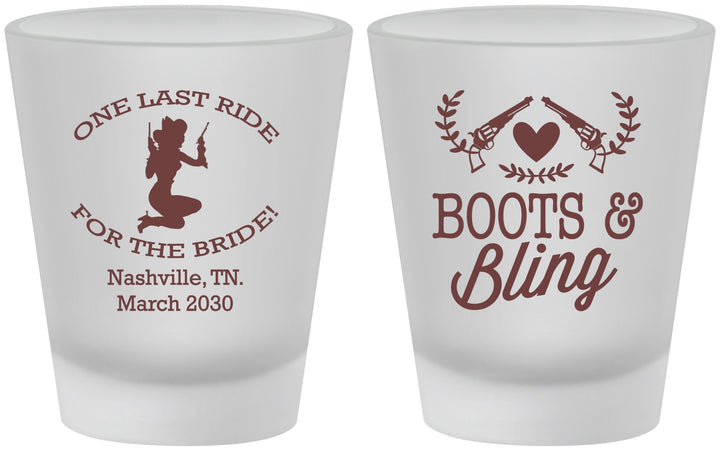 Custom Bachelorette Frosted Shot Glasses - One Last Ride | 60024