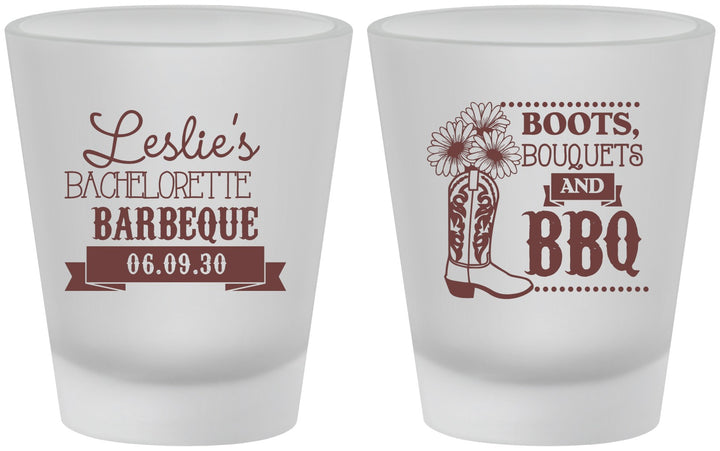 Custom Bachelorette Frosted Shot Glasses - Boots Bouquets Bbq | 60035
