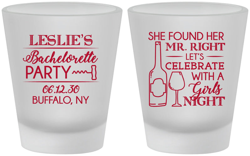 Custom Bachelorette Frosted Shot Glasses - Mr Right Girls Night | 60180
