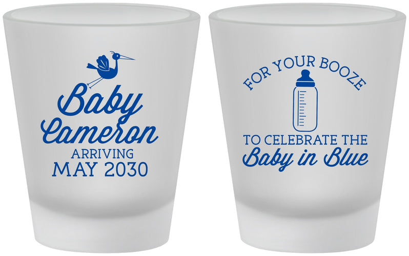 Custom Baby Shower Frosted Shot Glasses - Booze Baby In Blue | 90015