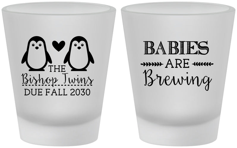 Custom Baby Shower Frosted Shot Glasses - Twins Baby Penguins | 90070