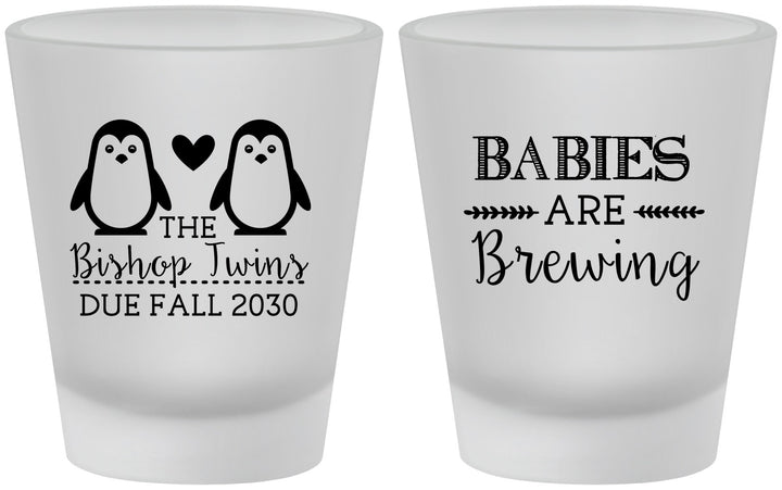Custom Baby Shower Frosted Shot Glasses - Twins Baby Penguins | 90070
