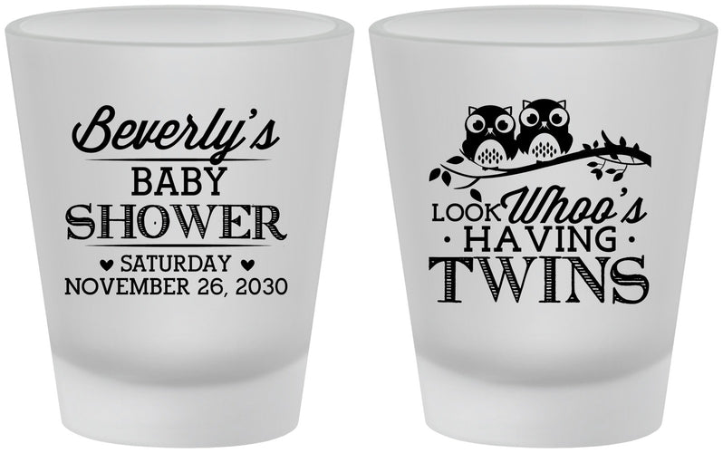 Custom Baby Shower Frosted Shot Glasses - Twins Baby Owls | 90074