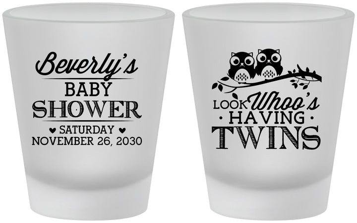 Custom Baby Shower Frosted Shot Glasses - Twins Baby Owls | 90074