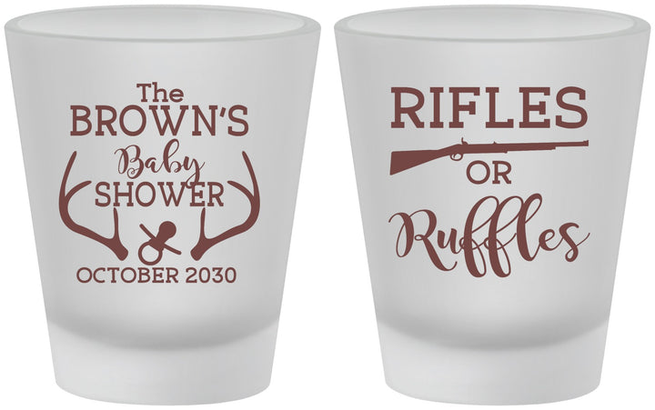 Custom Baby Shower Frosted Shot Glasses - Rifles Or Ruffles | 90122
