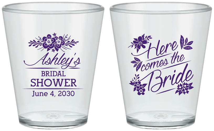 Custom Bridal Shower Plastic Shot Glasses - Here Comes The Bride | 100000