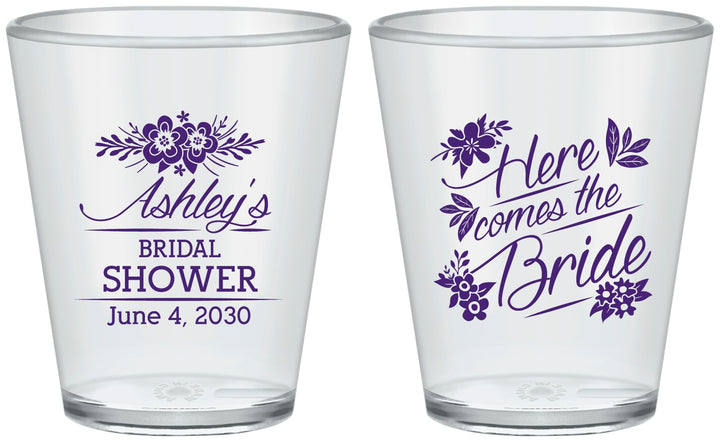 Custom Bridal Shower Plastic Shot Glasses - Here Comes The Bride | 100000