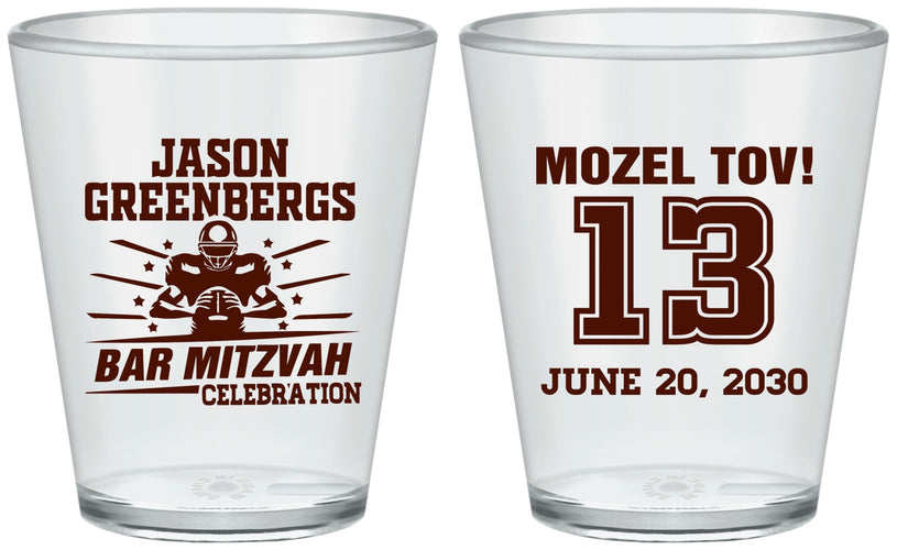 Custom Bar Mitzvah Plastic Shot Glasses - 13th Birthday Football | 110002