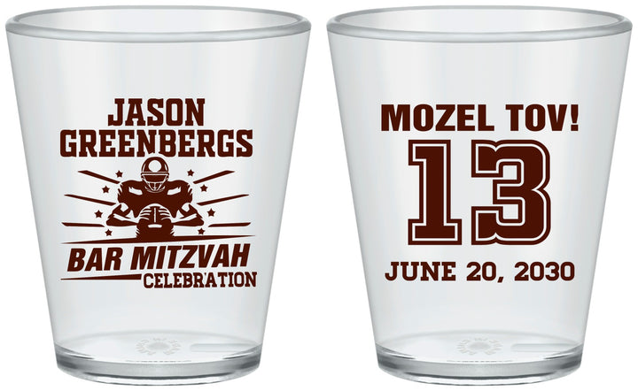 Custom Bar Mitzvah Plastic Shot Glasses - 13th Birthday Football | 110002