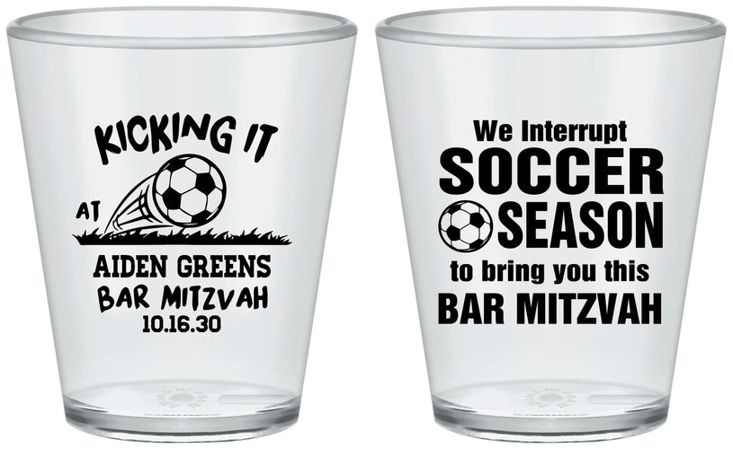 Custom Bar Mitzvah Plastic Shot Glasses - 13th Birthday Soccer | 110009