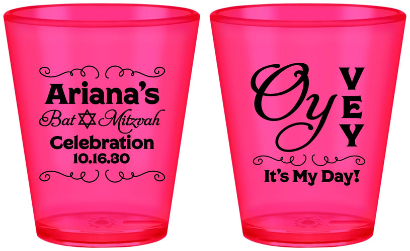 Custom Bat Mitzvah Plastic Shot Glasses - 12th Birthday Oy Vey | 120008