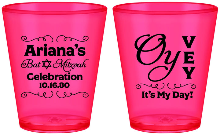Custom Bat Mitzvah Plastic Shot Glasses - 12th Birthday Oy Vey | 120008
