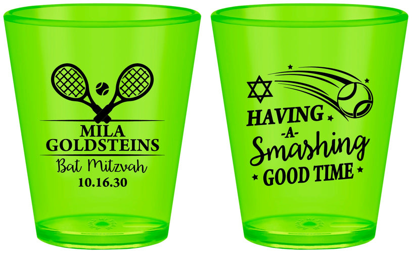 Custom Bat Mitzvah Plastic Shot Glasses - 12th Birthday Tennis | 120018