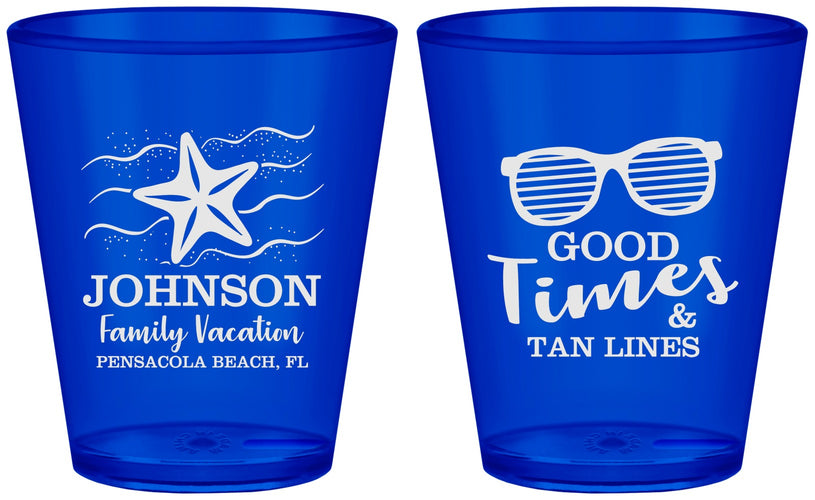 Custom Family Vacation Plastic Shot Glasses - Good Times Tan Lines | 180003