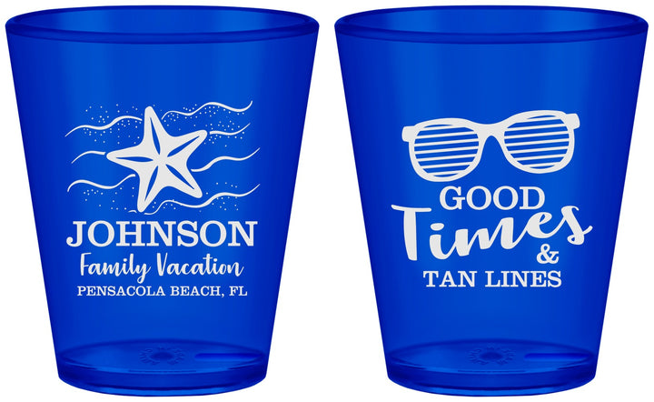 Custom Family Vacation Plastic Shot Glasses - Good Times Tan Lines | 180003