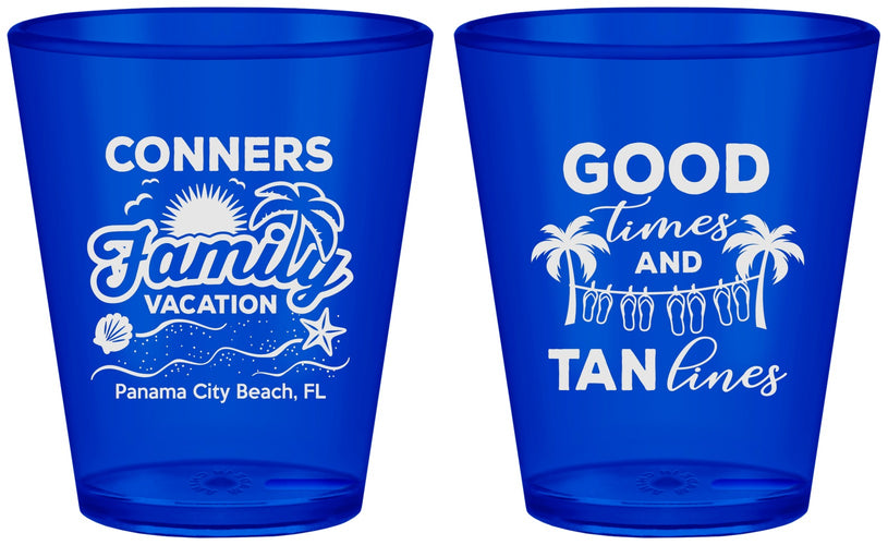 Custom Family Vacation Plastic Shot Glasses - Good Times Tan Lines | 180005