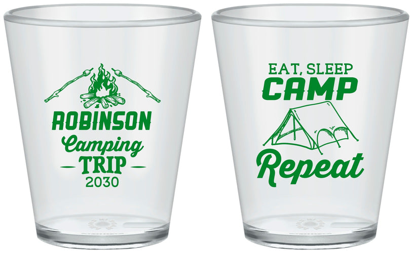 Custom Family Vacation Plastic Shot Glasses - Eat Sleep Camp Repeat | 180014