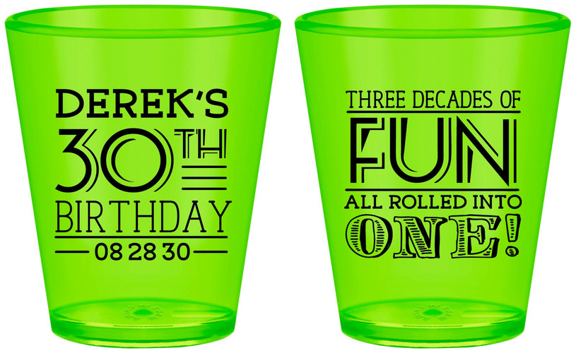 Custom Birthday Plastic Shot Glasses - 30th Three Decades Of Fun | 20020