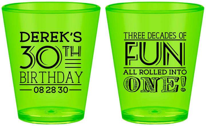 Custom Birthday Plastic Shot Glasses - 30th Three Decades Of Fun | 20020