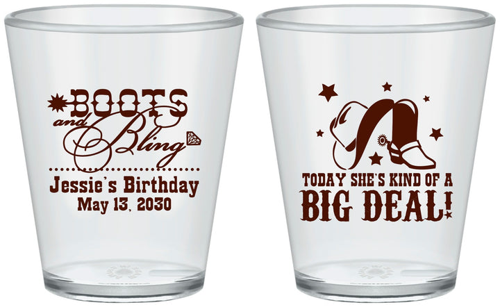 Custom Birthday Plastic Shot Glasses - Boots And Bling | 20038