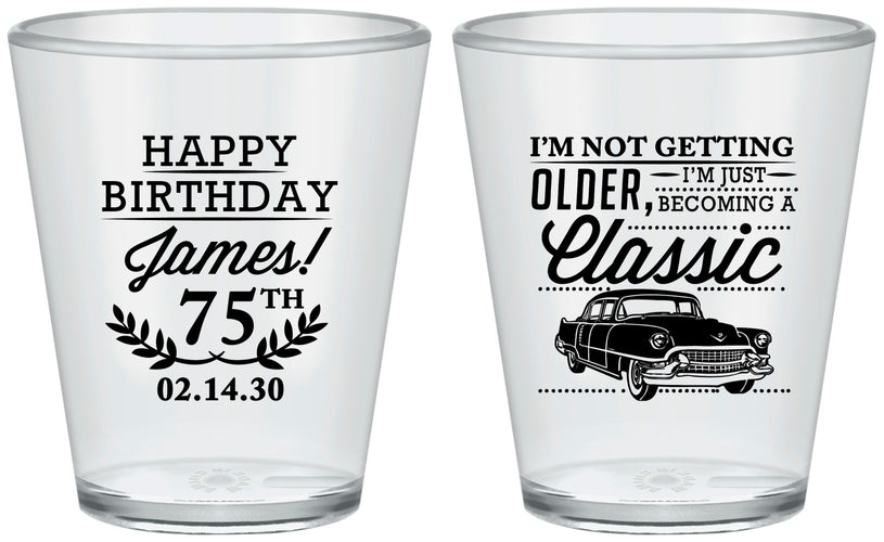 Custom Birthday Plastic Shot Glasses - 75th Classic Car | 20055