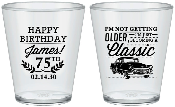 Custom Birthday Plastic Shot Glasses - 75th Classic Car | 20055