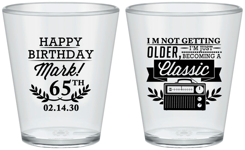 Custom Birthday Plastic Shot Glasses - 65th Classic Radio | 20056