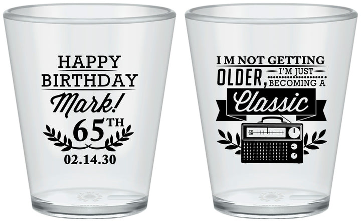 Custom Birthday Plastic Shot Glasses - 65th Classic Radio | 20056