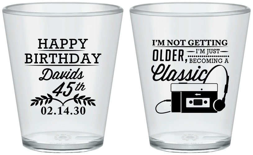 Custom Birthday Plastic Shot Glasses - 45th Cassette Tape | 20059
