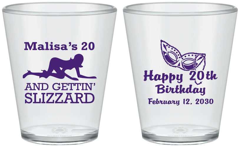 Custom Birthday Plastic Shot Glasses - 20th Mardi Gras | 20084