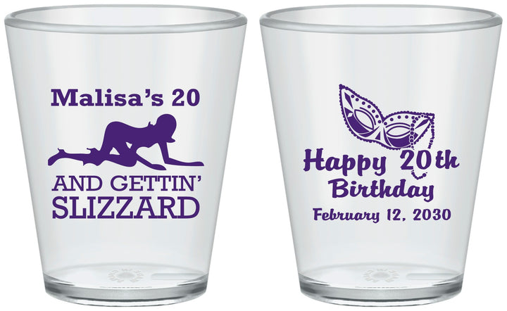 Custom Birthday Plastic Shot Glasses - 20th Mardi Gras | 20084