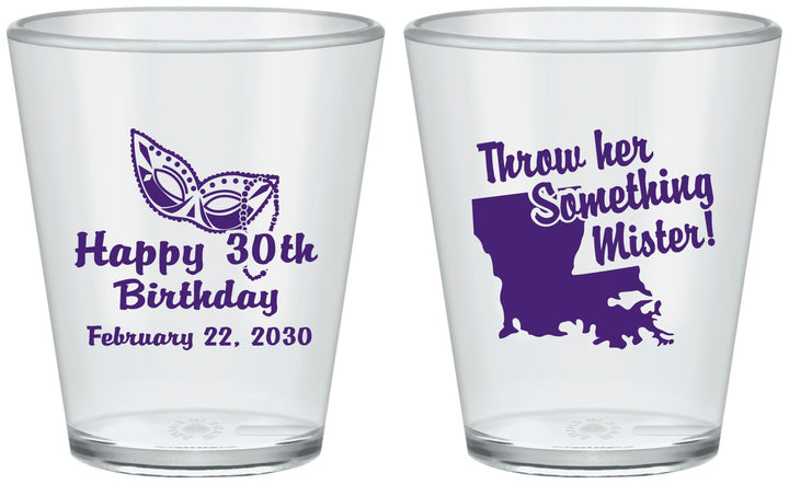 Custom Birthday Plastic Shot Glasses - 30th Mardi Gras | 20146