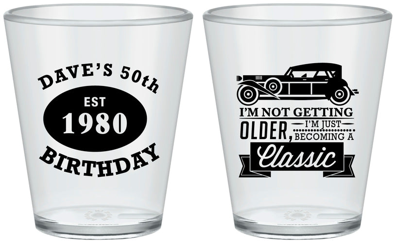 Custom Birthday Plastic Shot Glasses - 50th Classic Car | 20156