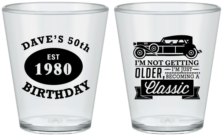 Custom Birthday Plastic Shot Glasses - 50th Classic Car | 20156