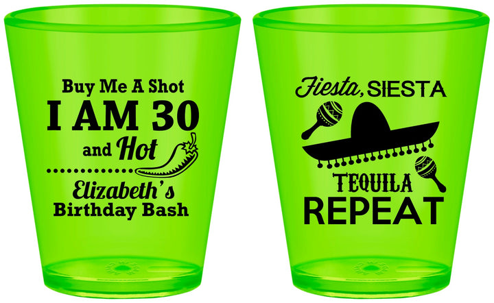 Custom Birthday Plastic Shot Glasses - 30th Fiesta Siesta Tequila | 20177