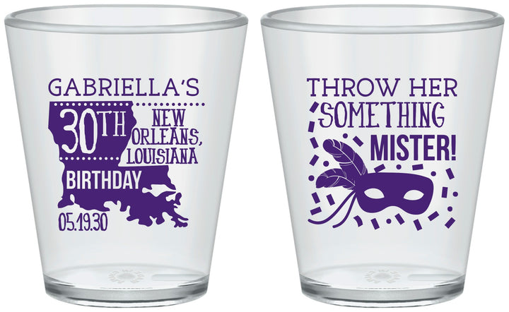 Custom Birthday Plastic Shot Glasses - 30th Mardi Gras | 20246