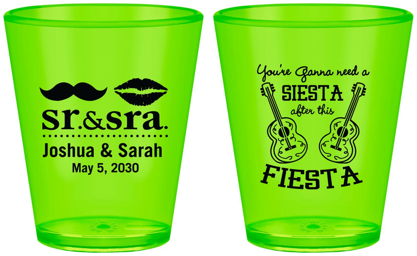 Custom Wedding Plastic Shot Glasses - Siesta Fiesta Sr Sra | 208