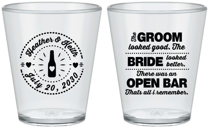 Custom Wedding Plastic Shot Glasses - Groom Bride Open Bar | 253