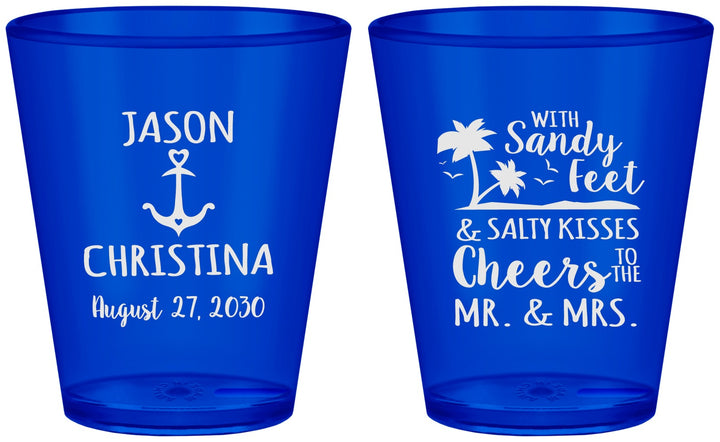 Custom Wedding Plastic Shot Glasses - Sandy Feet Salty Kisses | 290
