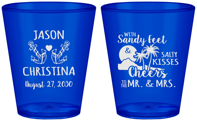 Custom Wedding Plastic Shot Glasses - Sandy Feet Salty Kisses | 291