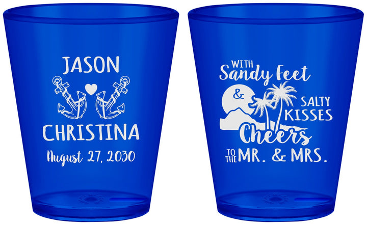 Custom Wedding Plastic Shot Glasses - Sandy Feet Salty Kisses | 291
