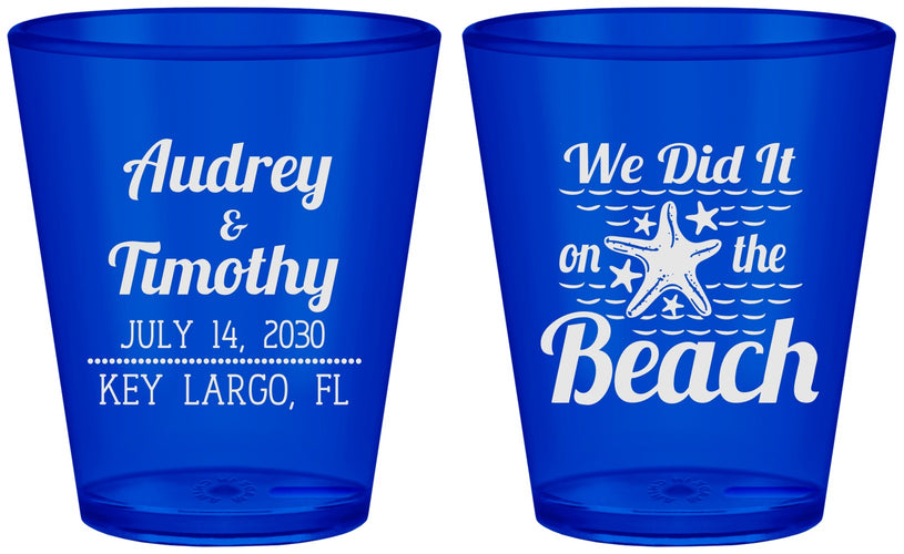 Custom Wedding Plastic Shot Glasses - We Did It On The Beach | 294