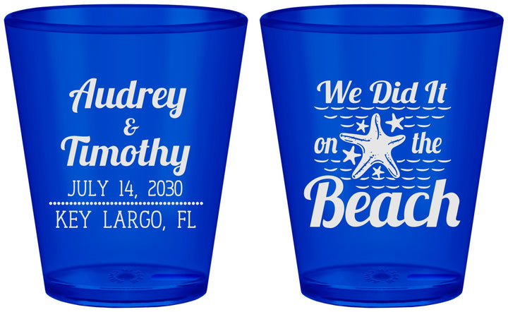 Custom Wedding Plastic Shot Glasses - We Did It On The Beach | 294